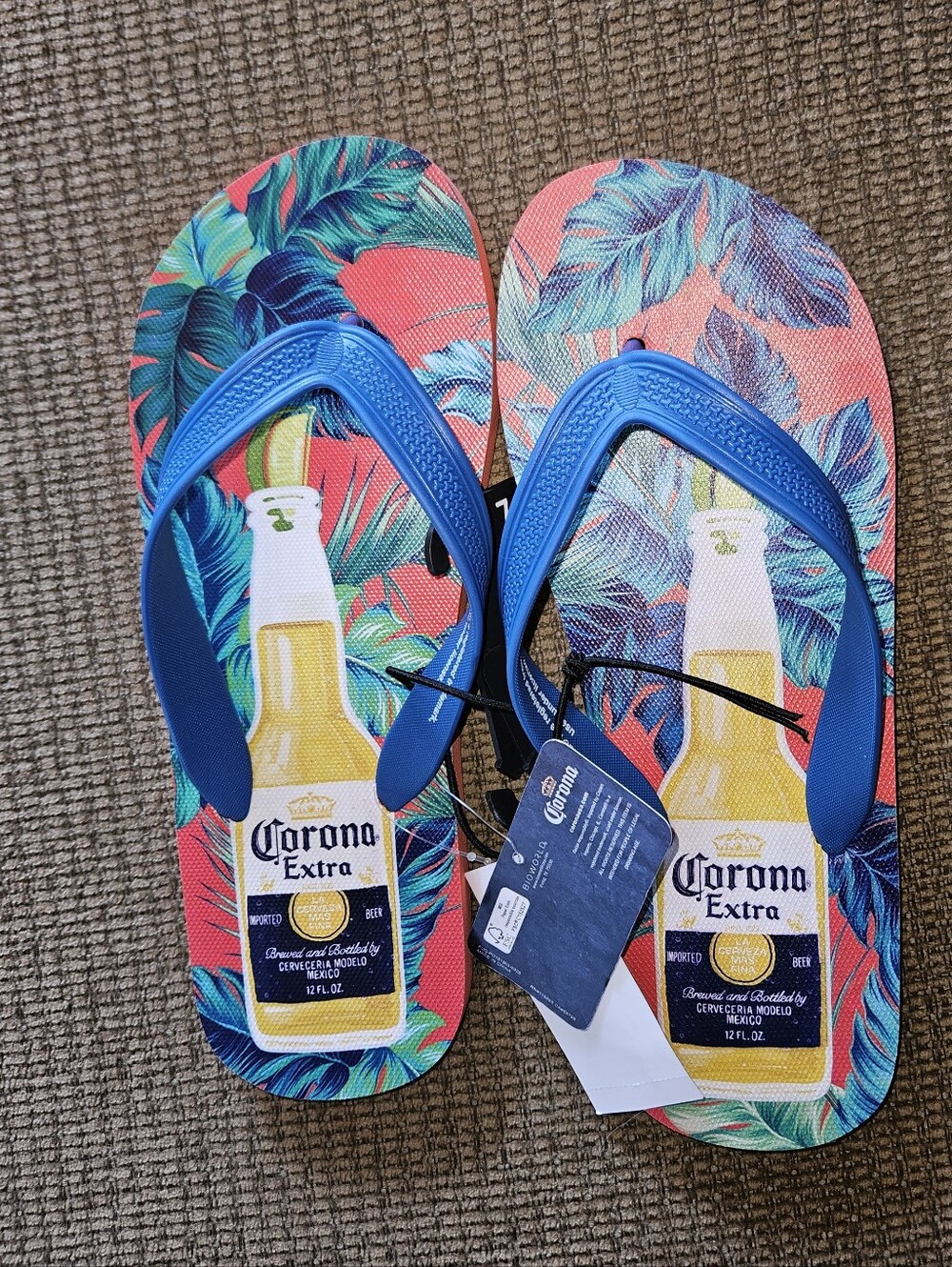 NWT Corona Coral Tropical Flip-Flops with Blue Straps